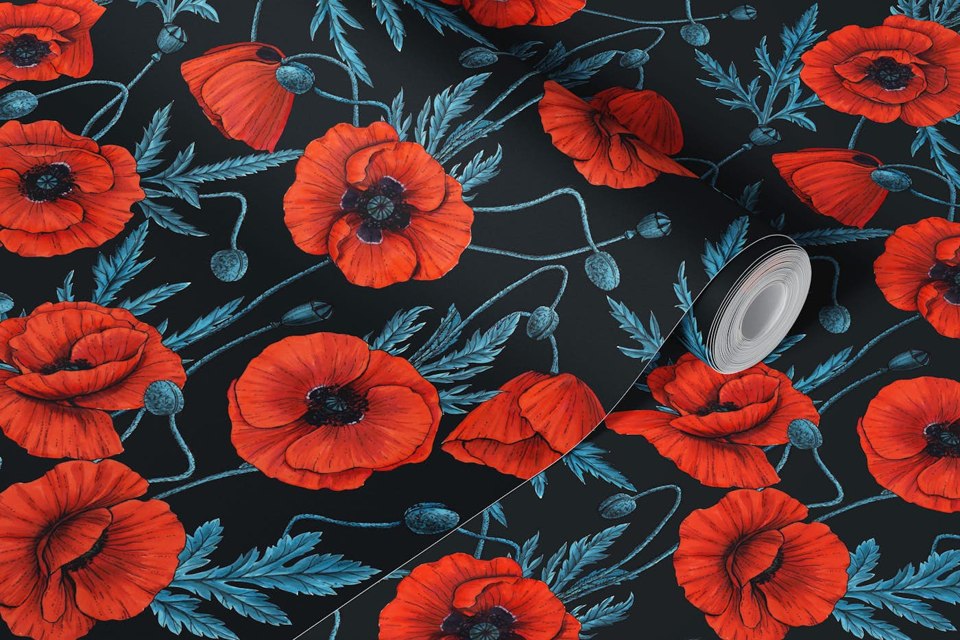 Poppies, red and blue on black wallpaper roll