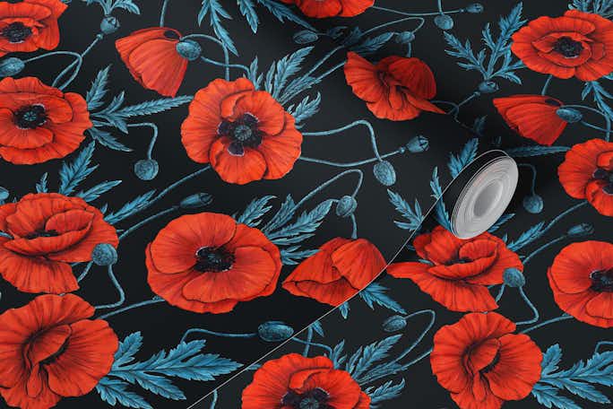 Poppies, red and blue on blackwallpaper roll