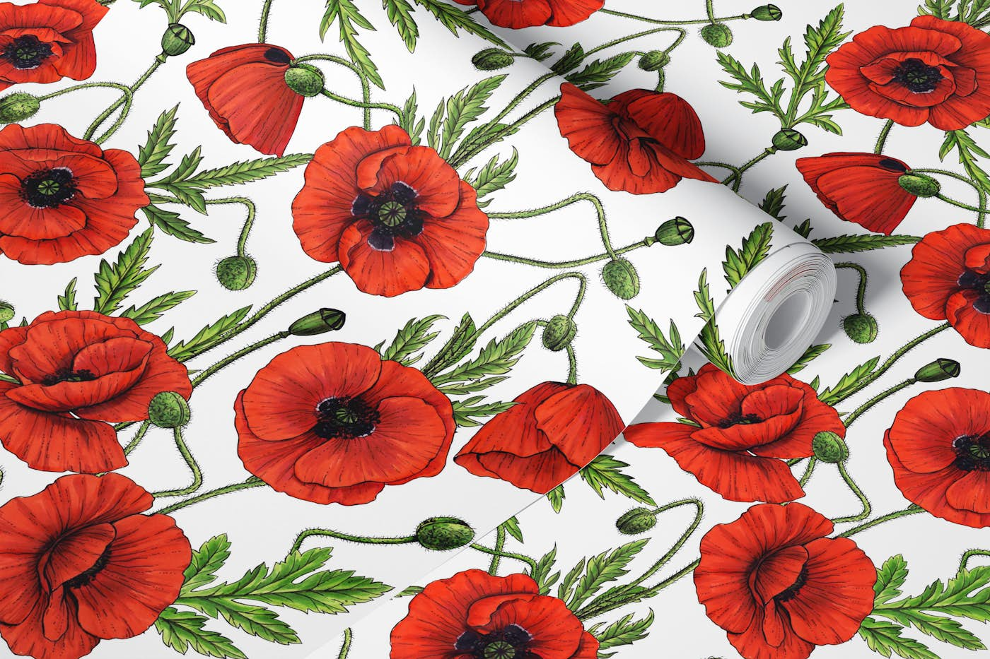 Poppies, red and green on white wallpaper roll