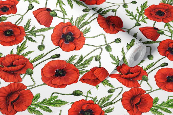 Poppies, red and green on whitewallpaper roll