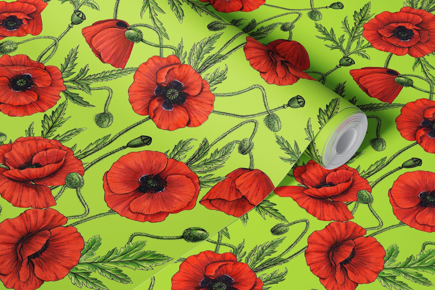 Poppies, red and green wallpaper roll