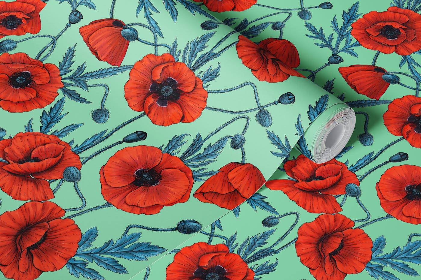 Poppies, red and blue on jade wallpaper roll