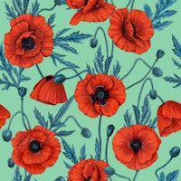 Poppies, red and blue on jade tapeta