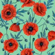 Poppies, red and blue on jade