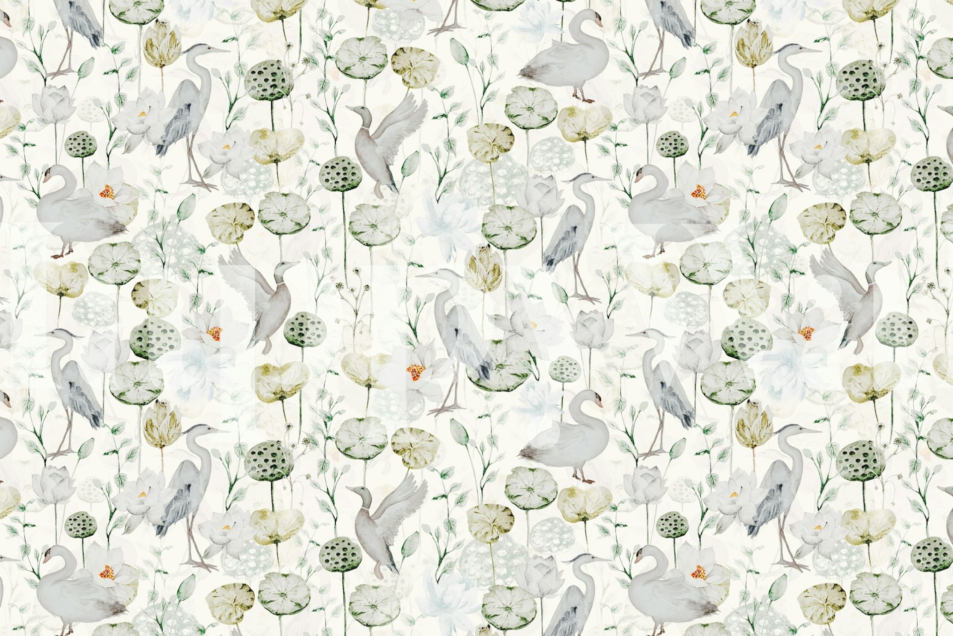 Elegante traner og blomstrende lotusblomster vægmaleri i rolige havemiljøer