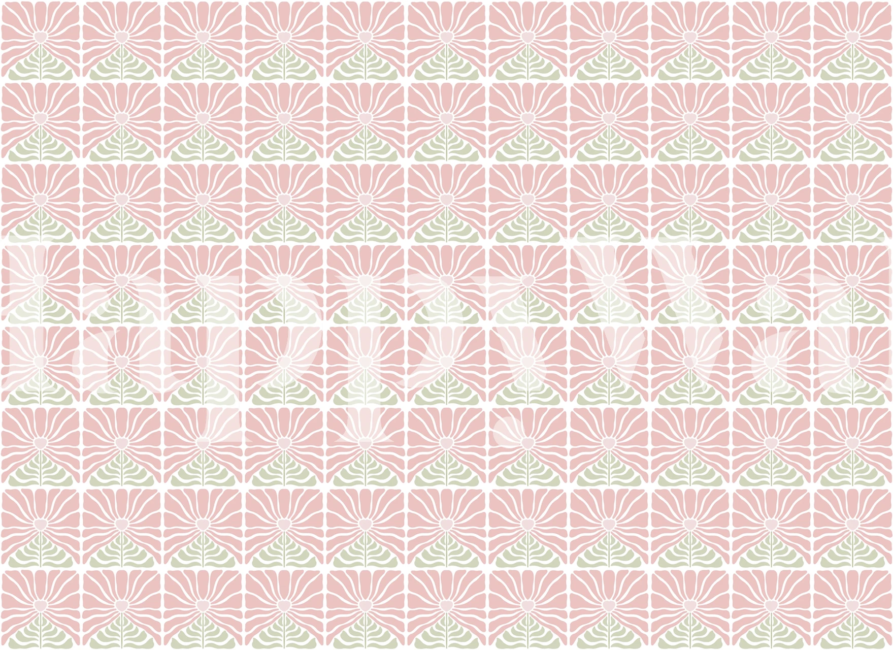 Vintage-inspired Groovy Flowers Pink Green wall mural with a floral pattern.