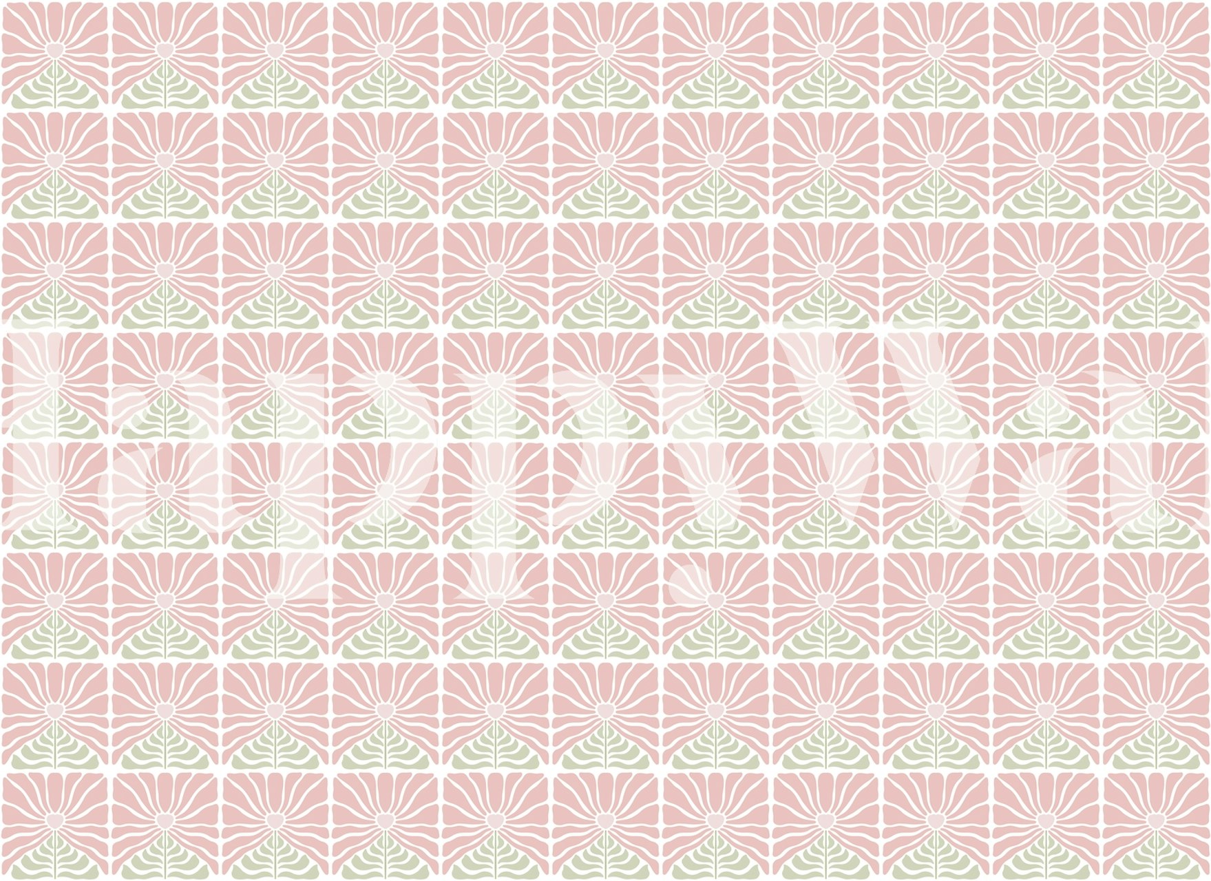 Vintage-inspired Groovy Flowers Pink Green wall mural with a floral pattern.