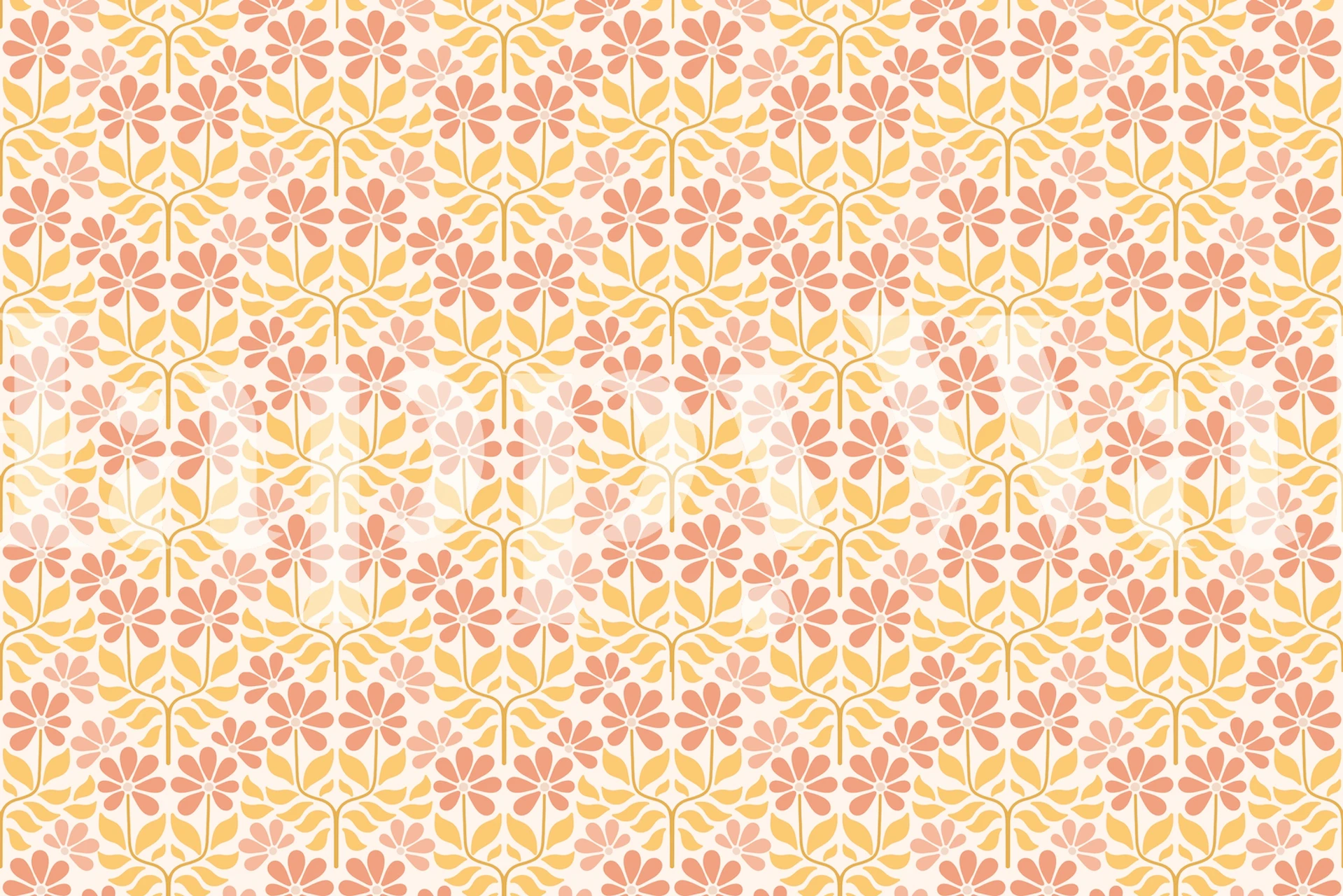 Fotomural vinílico de parede estampado Boho Flowers com tons quentes de coral e amarelo em um fundo neutro.