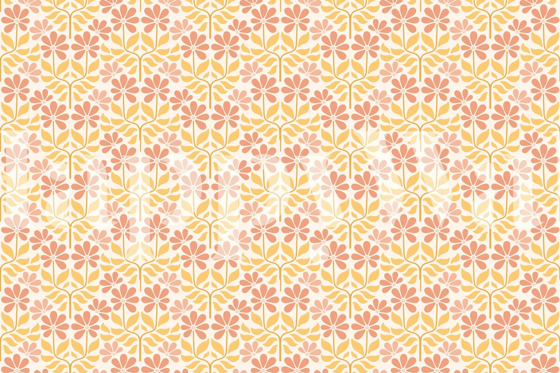 Boho Flowers mønstret veggmaleri med varme koraller og gule toner på en nøytral bakgrunn.