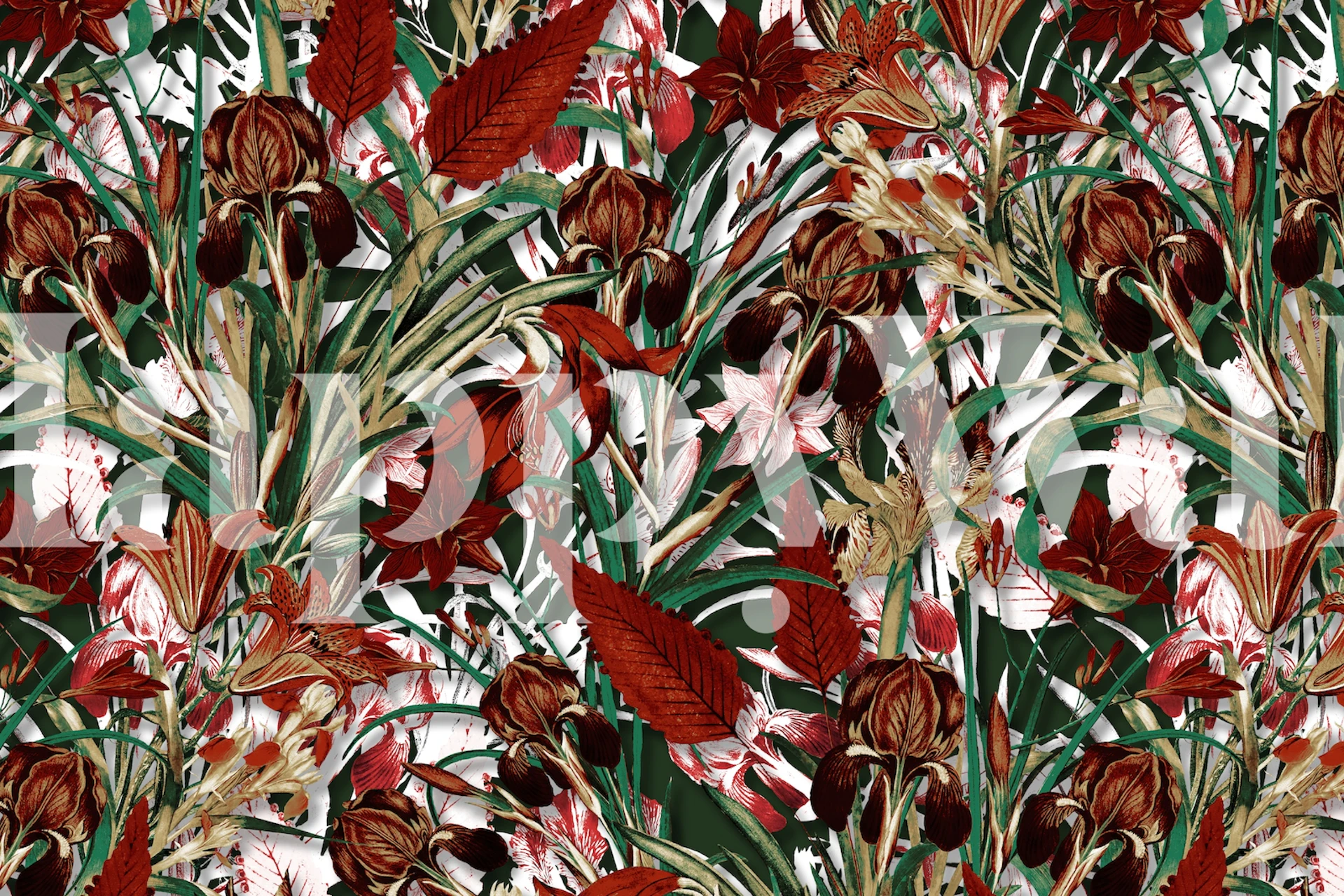 Floral wall mural with vibrant spring-summer flowers and greenery