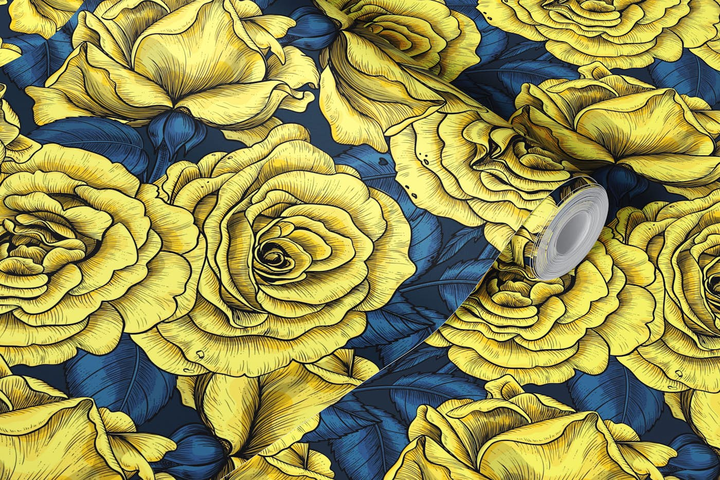 Yellow roses with blue leaves wallpaper roll