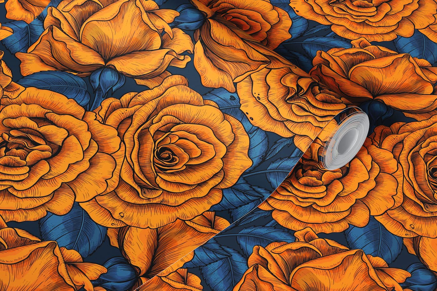 Orange roses with blue leaves wallpaper roll