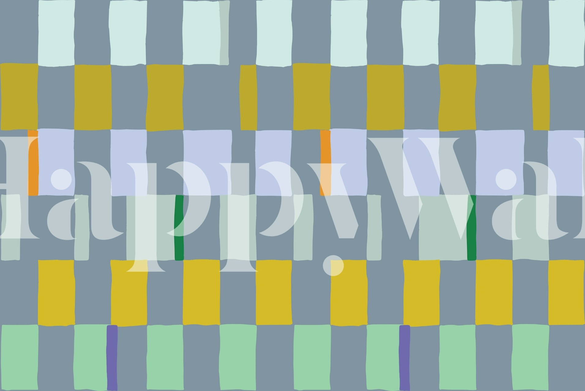 Ručno crtani zidni mural s kariranim uzorkom u plavozelenoj, žutoj i sivoj boji