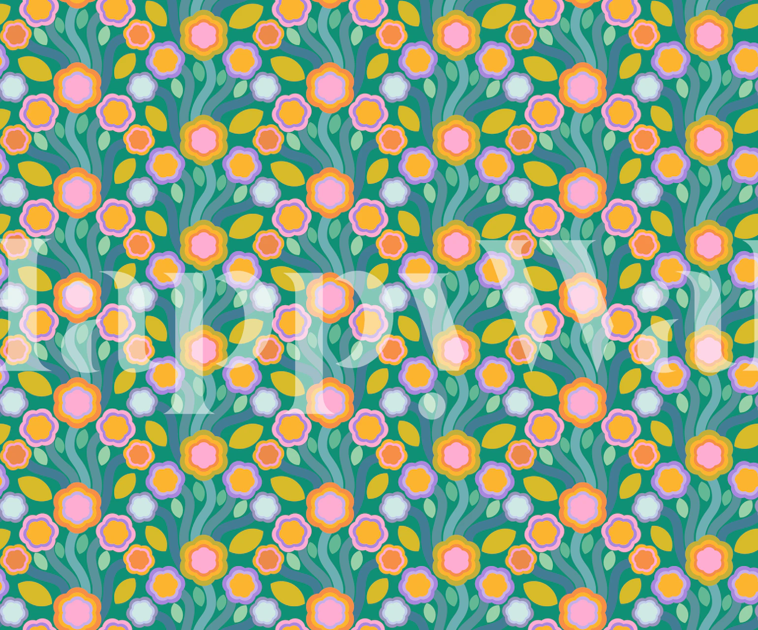 Retro flower wallpaper in green hues