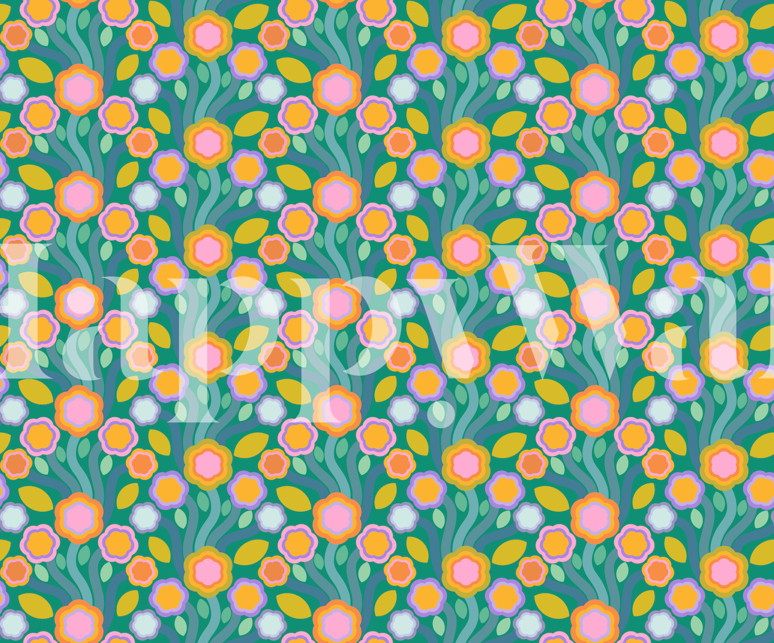 Retro flower wallpaper in green hues
