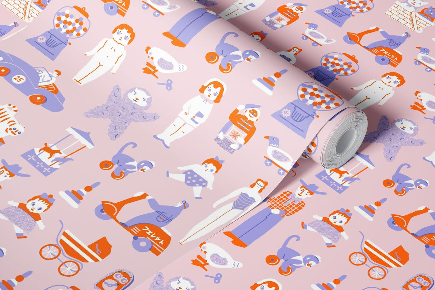 Vintage toys in funky blue and purple wallpaper roll