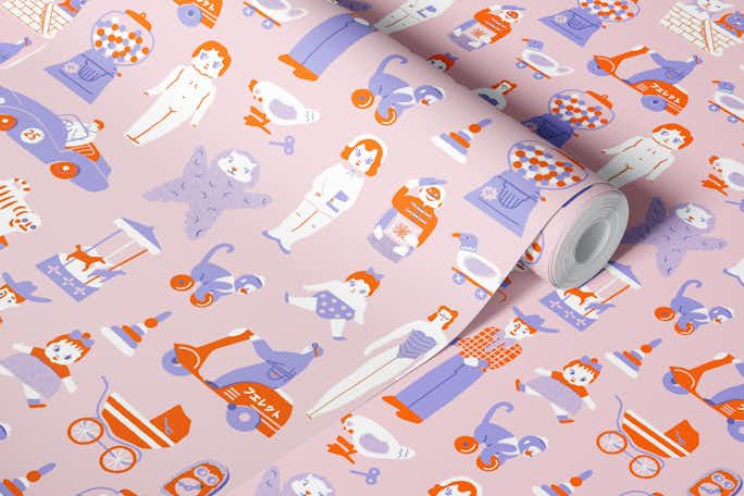 Vintage toys in funky blue and purplewallpaper roll