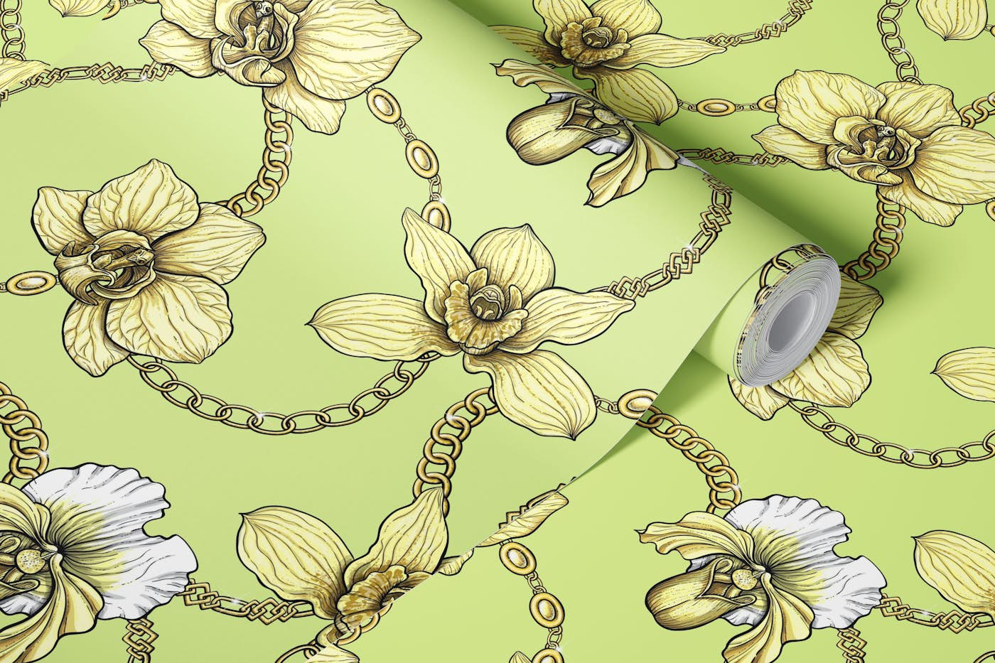 Orchids and chains, yellow and light green wallpaper roll