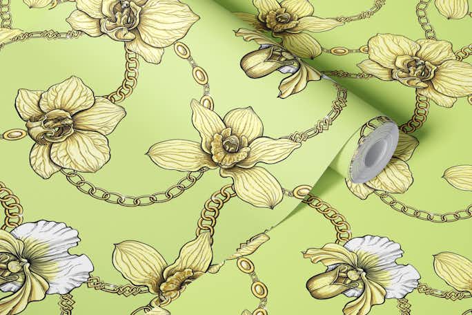 Orchids and chains, yellow and light greenwallpaper roll