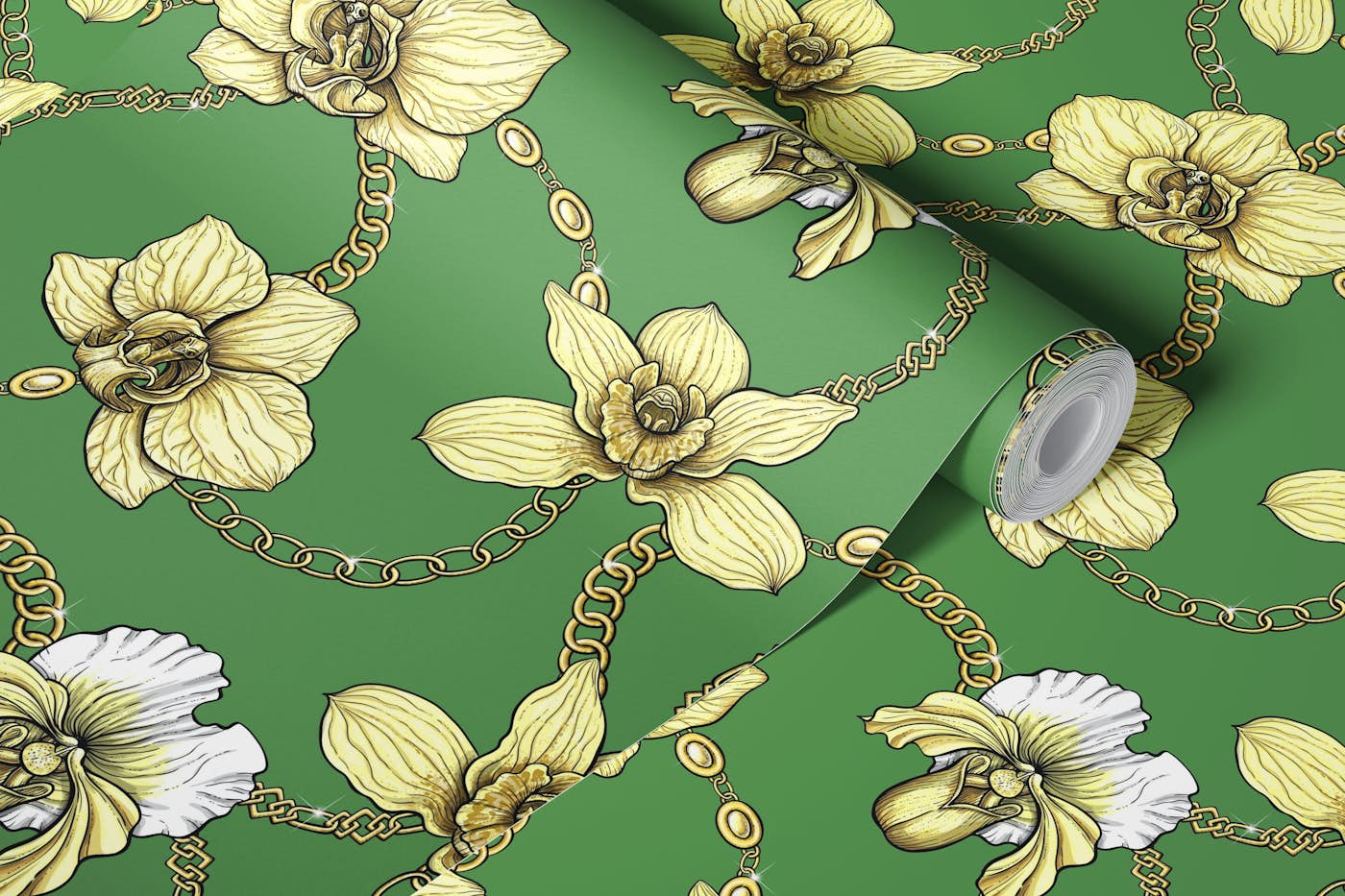 Orchids and chains, yellow and kelly green wallpaper roll