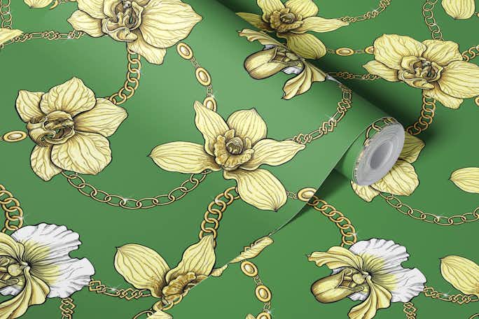 Orchids and chains, yellow and kelly greenwallpaper roll