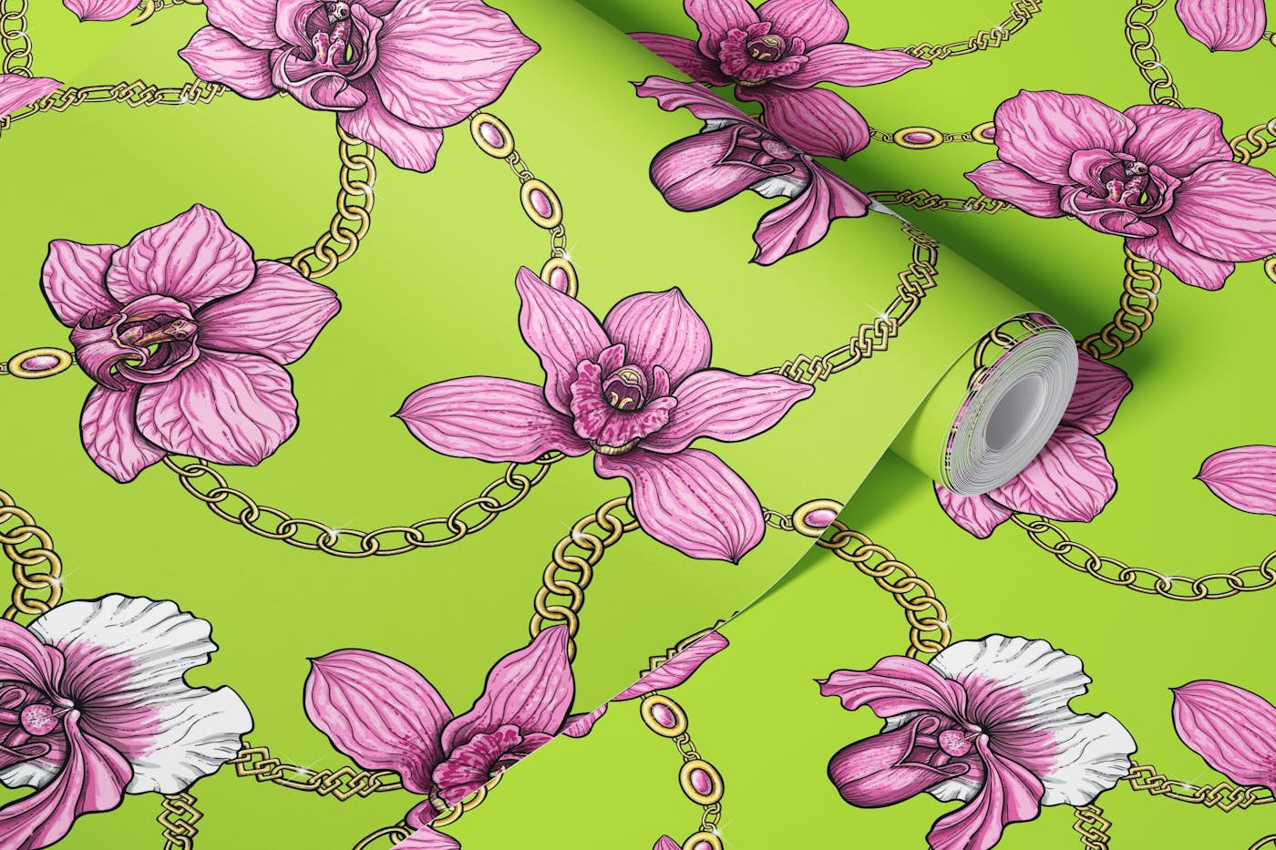 Orchids and chains, pink and lime green wallpaper roll