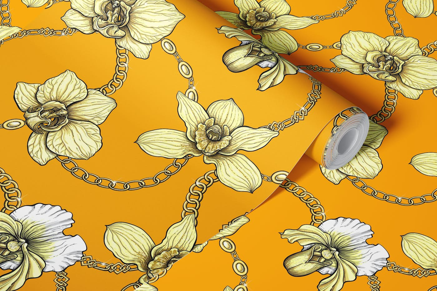 Orchids and chains, yellow and orange wallpaper roll