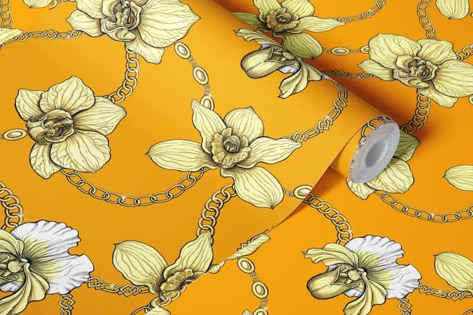 Orchids and chains, yellow and orangewallpaper roll