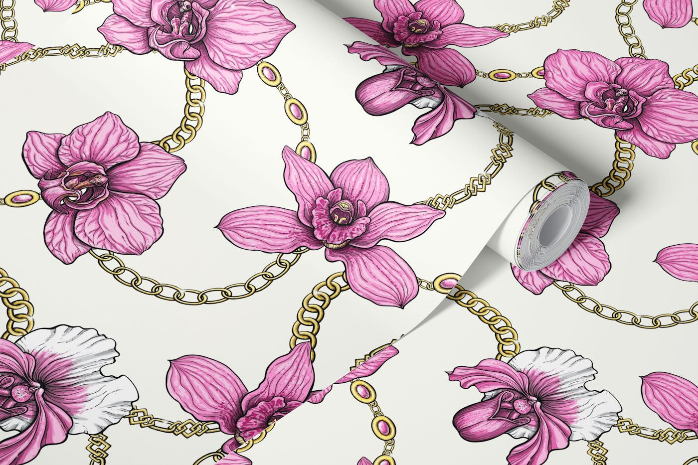 Orchids and chains, pink and off white wallpaper roll