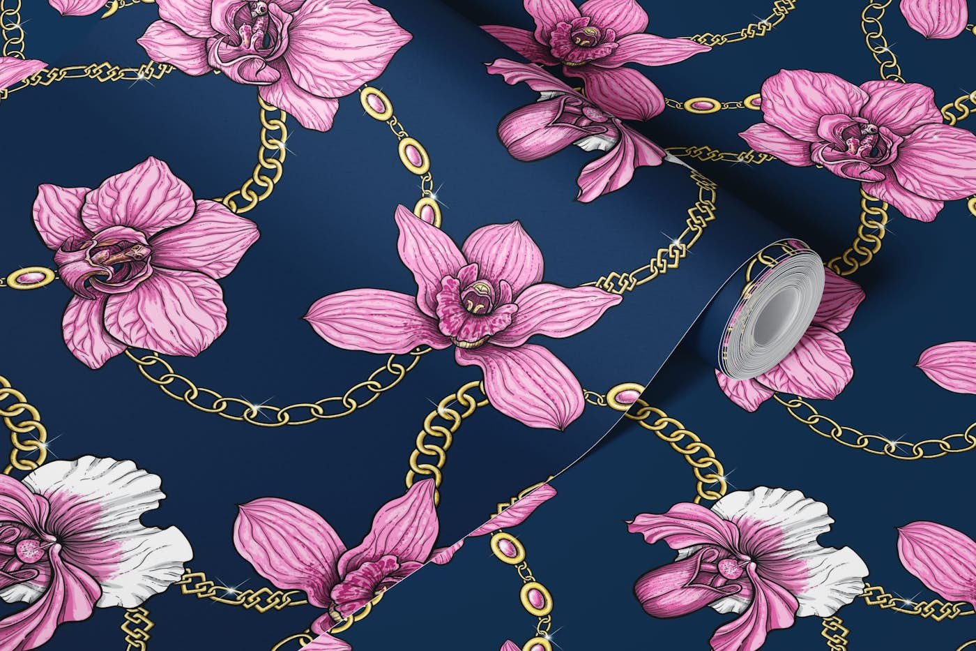 Orchids and chains, pink and navy wallpaper roll