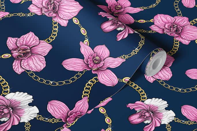 Orchids and chains, pink and navywallpaper roll