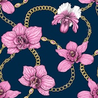 Orchids and chains, pink and navy wallpaper