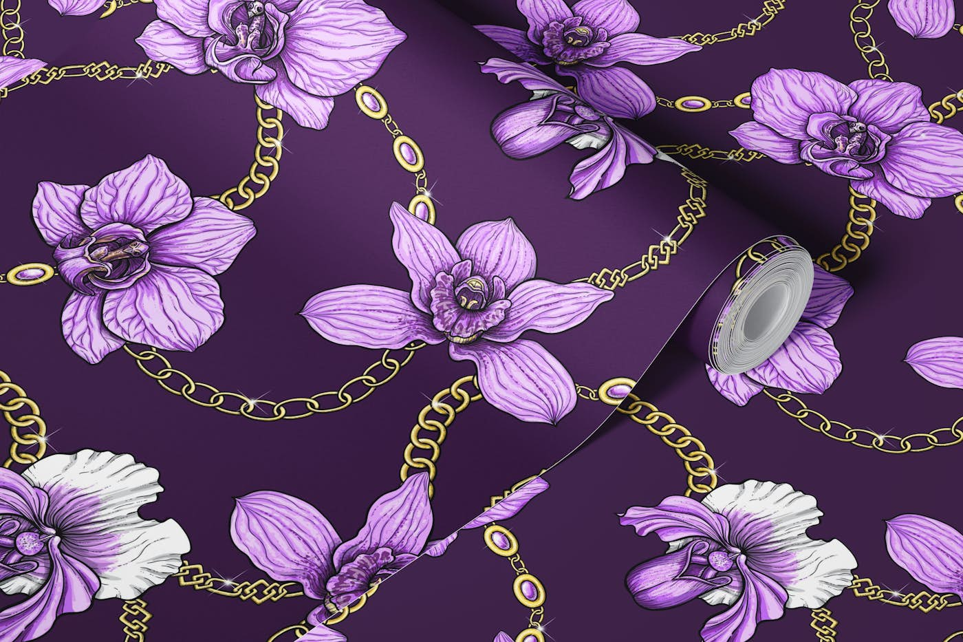 Orchids and chains, violet and gold wallpaper roll