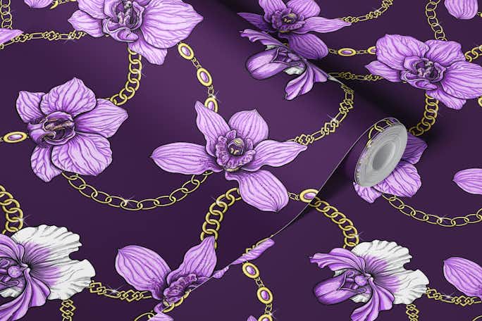 Orchids and chains, violet and goldwallpaper roll