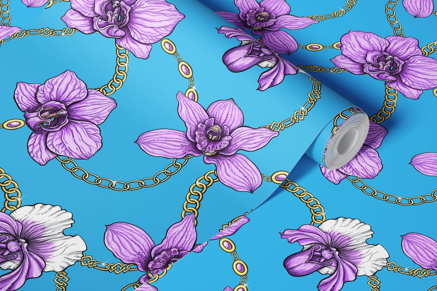 Orchids and chains, violet and blue wallpaper roll