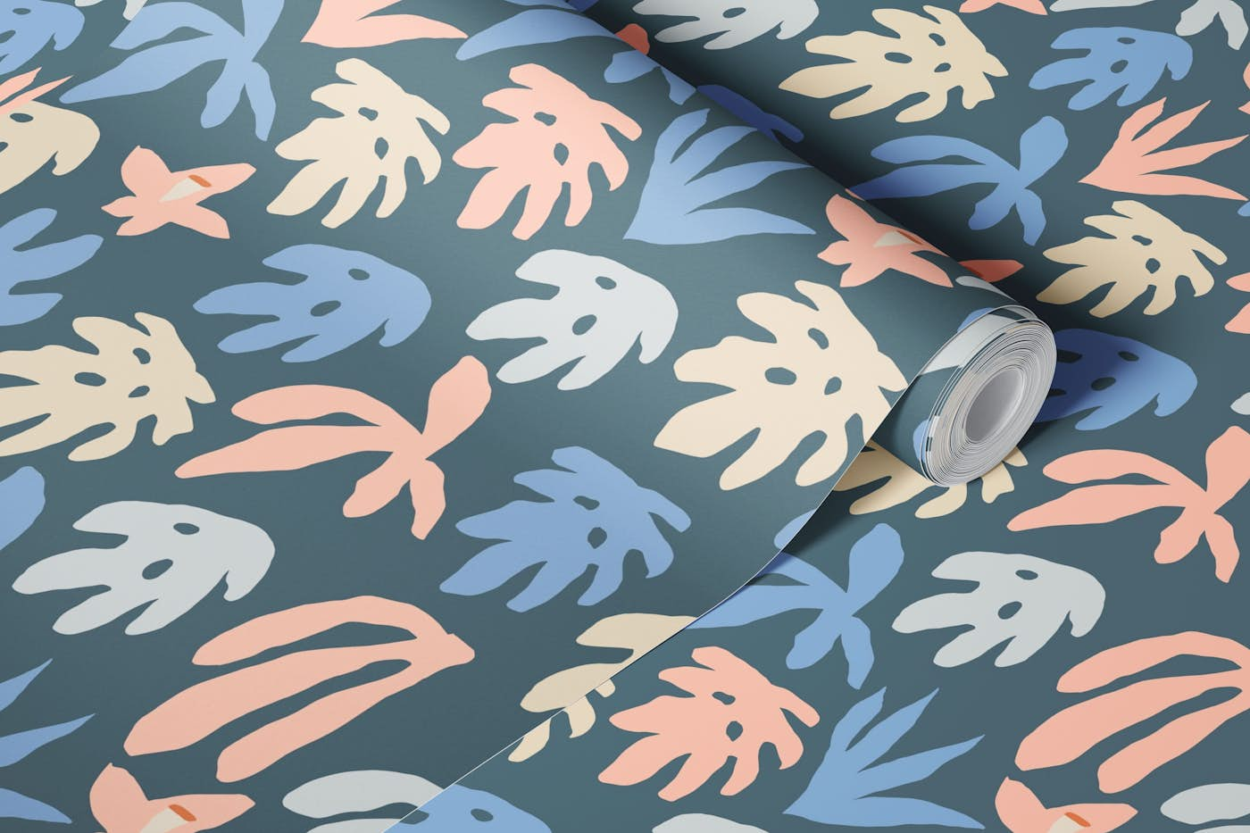 Monstera leaves and flowers wallpaper roll