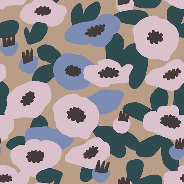 Poppies in purple and beige