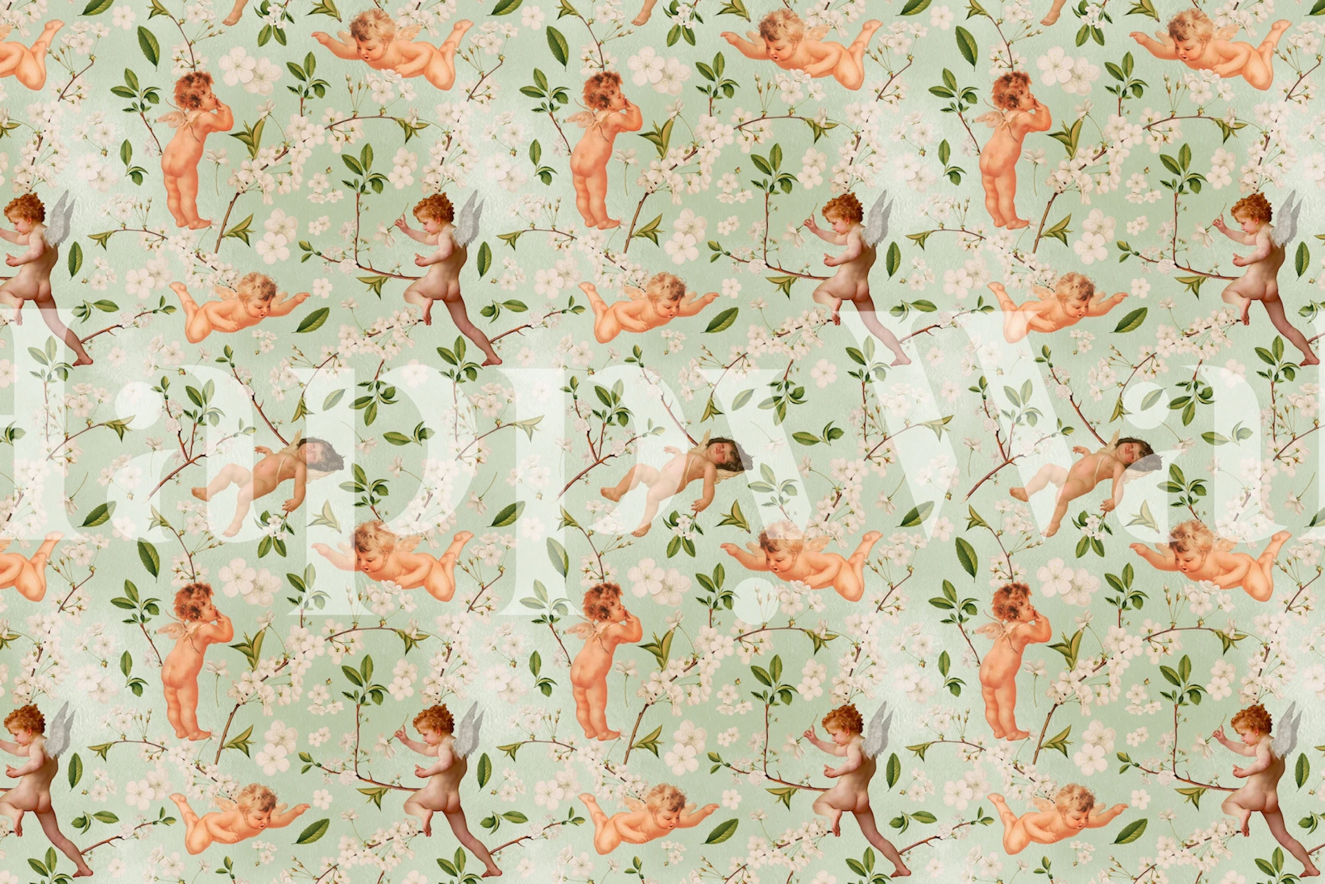 Körsbärsblommor och keruber fototapet som föreställer lekfulla keruber bland mjukt rosa blommor och gröna blad.