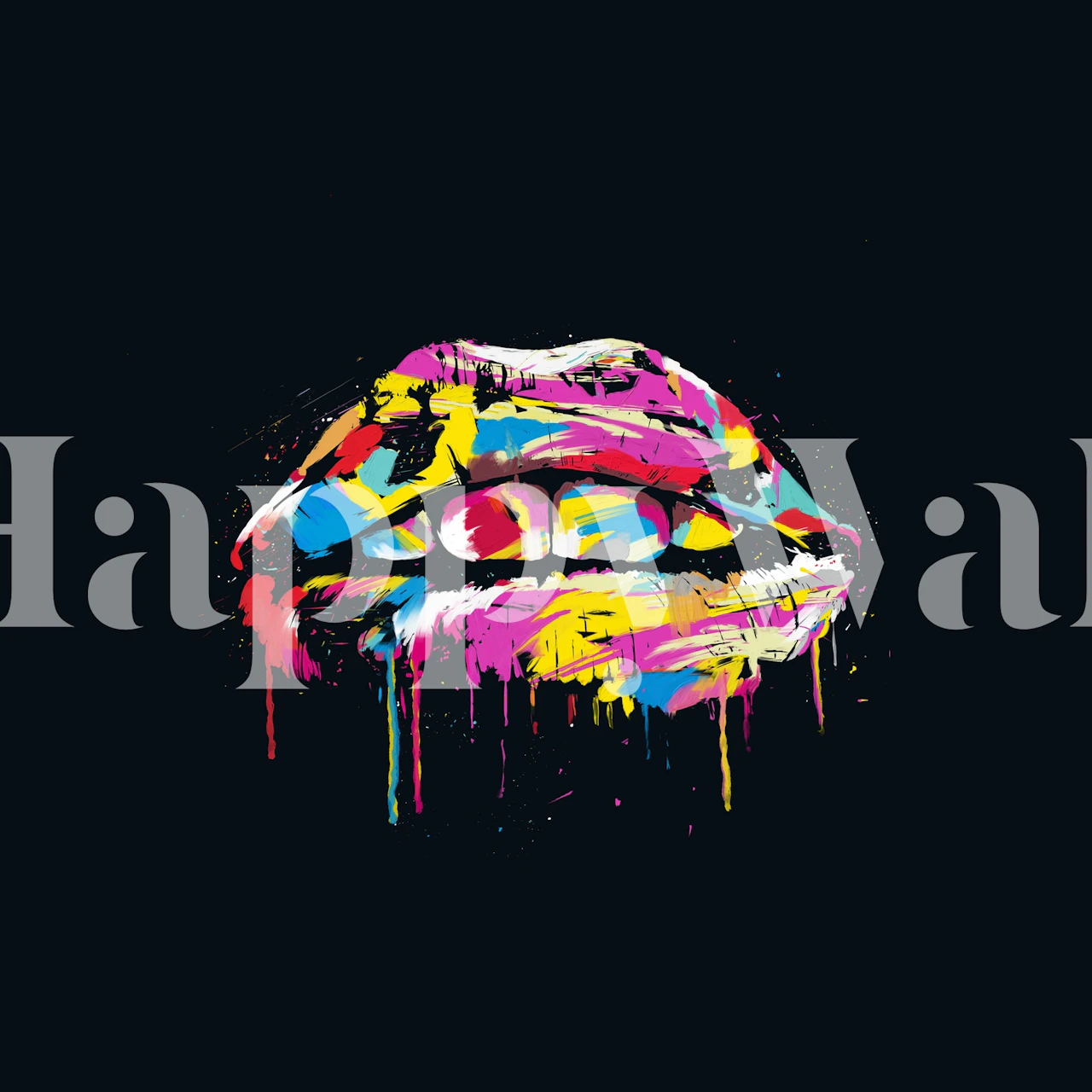 Colorful lips with bright paint drips against a black background wallpaper