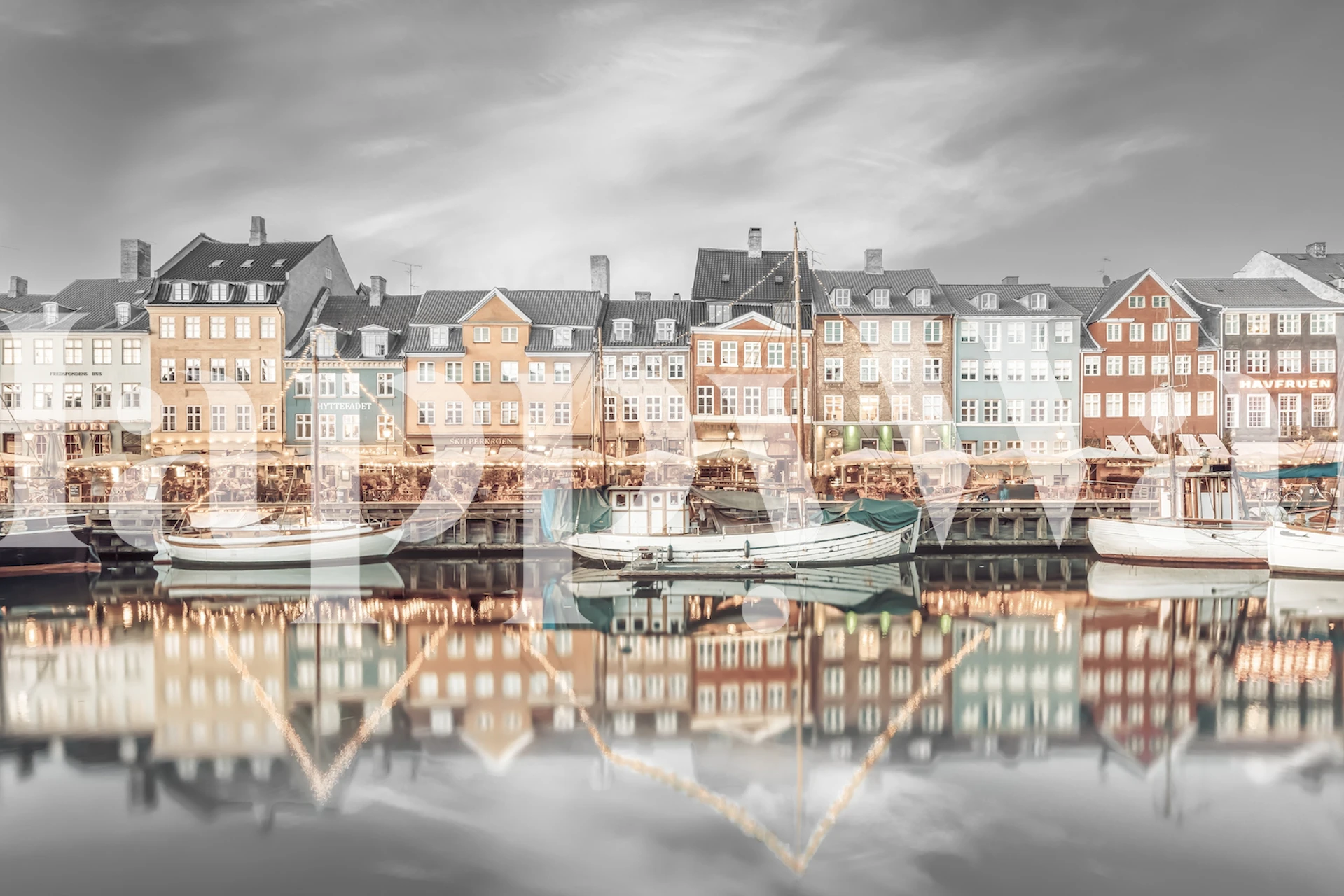 Copenhagen vintage waterfront view with colorful buildings and boats wallpaper