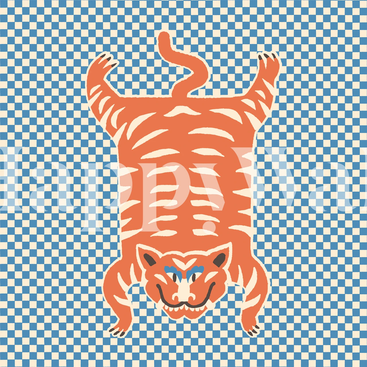 Tiger pattern in orange and cream on blue checkerboard wallpaper