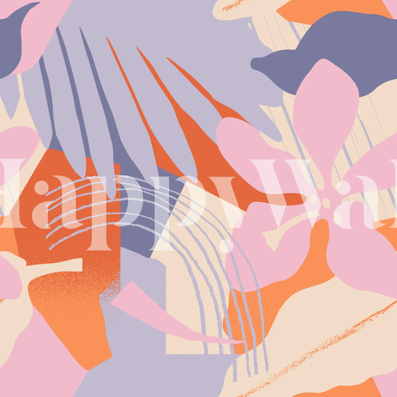Tropical floral pattern with pink, orange, and lavender colors wallpaper