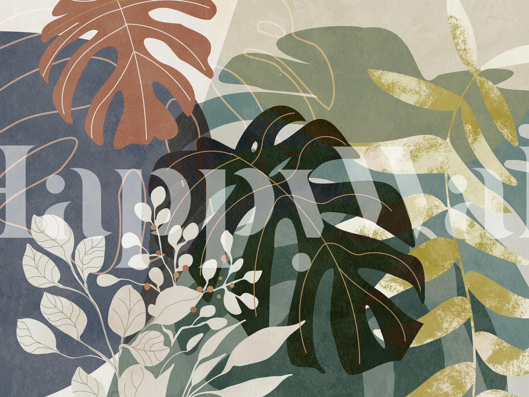 Desaturated jungle leaves in green, brown, and cream hues wallpaper