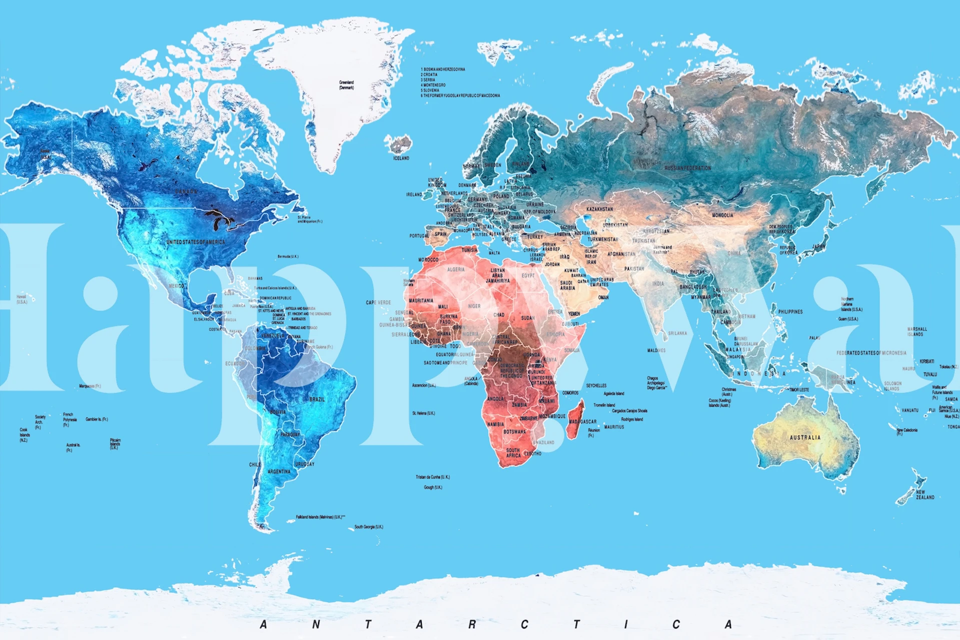 Colorful world map on blue background wallpaper