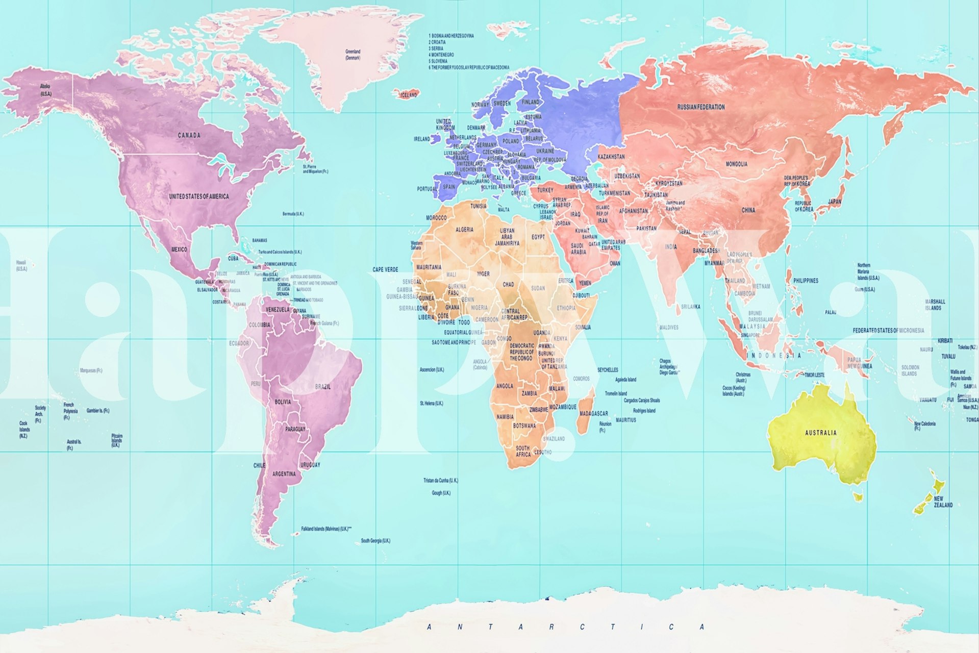 Colorful world map wallpaper with vibrant continents and oceans