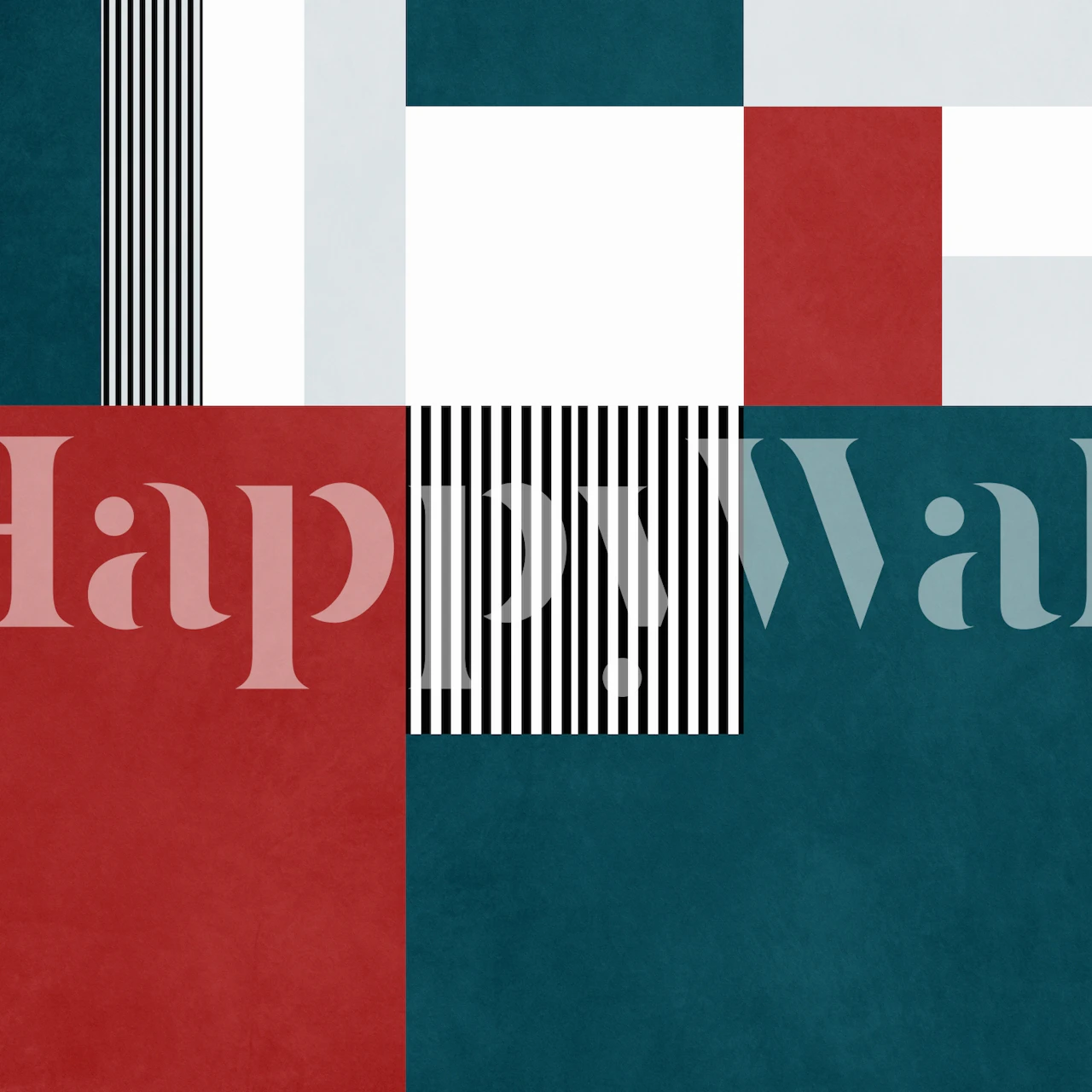 Mural de pared geométrico abstracto con tonos rojos, verdes y neutros.