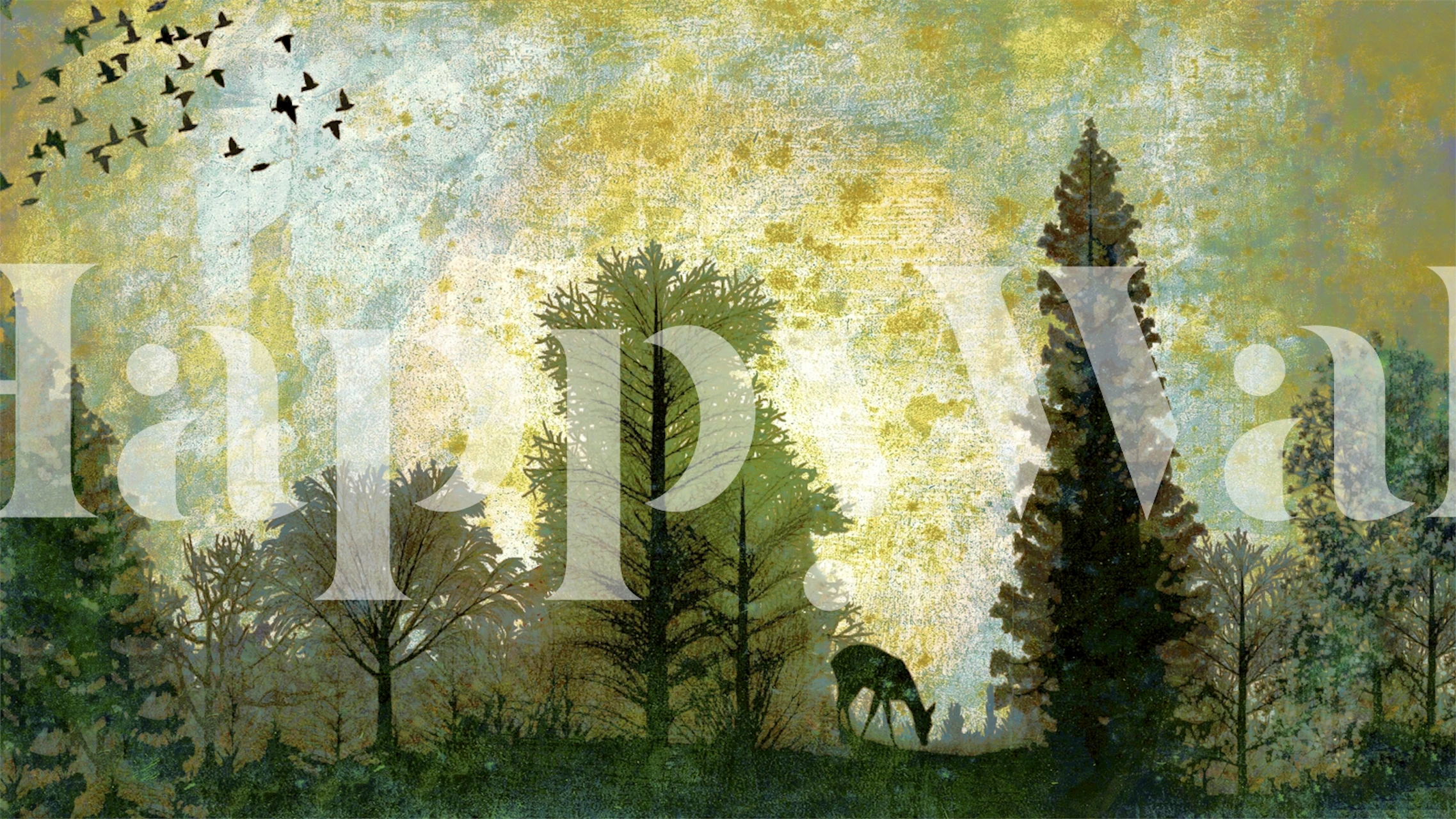 Silhouettes of trees and a deer against a textured gold and green background wallpaper