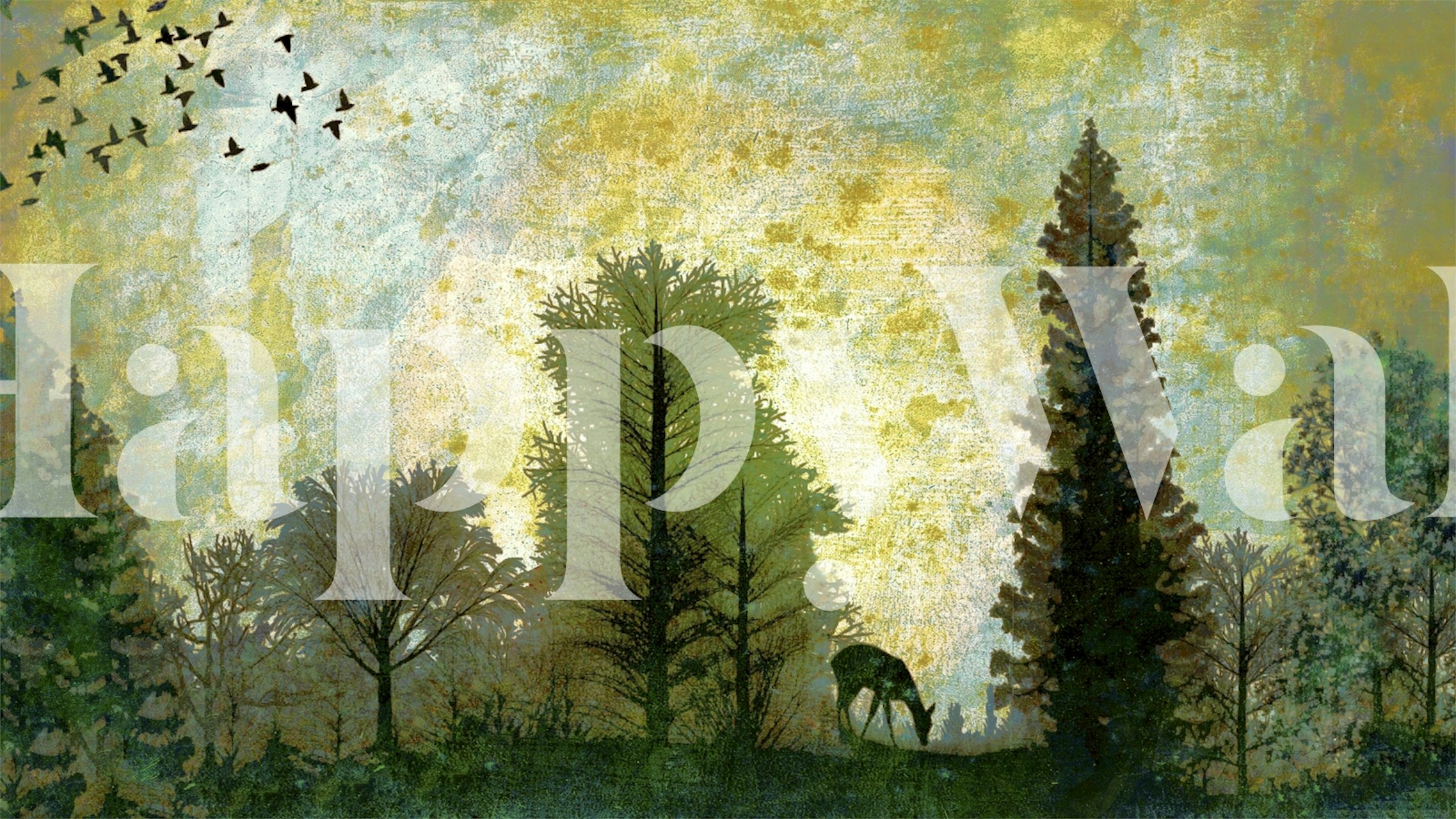 Silhouettes of trees and a deer against a textured gold and green background wallpaper
