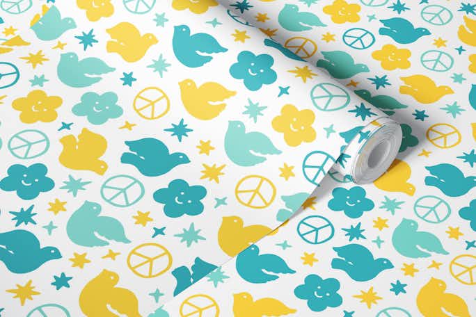 Love and Peace Teal Yellowwallpaper roll