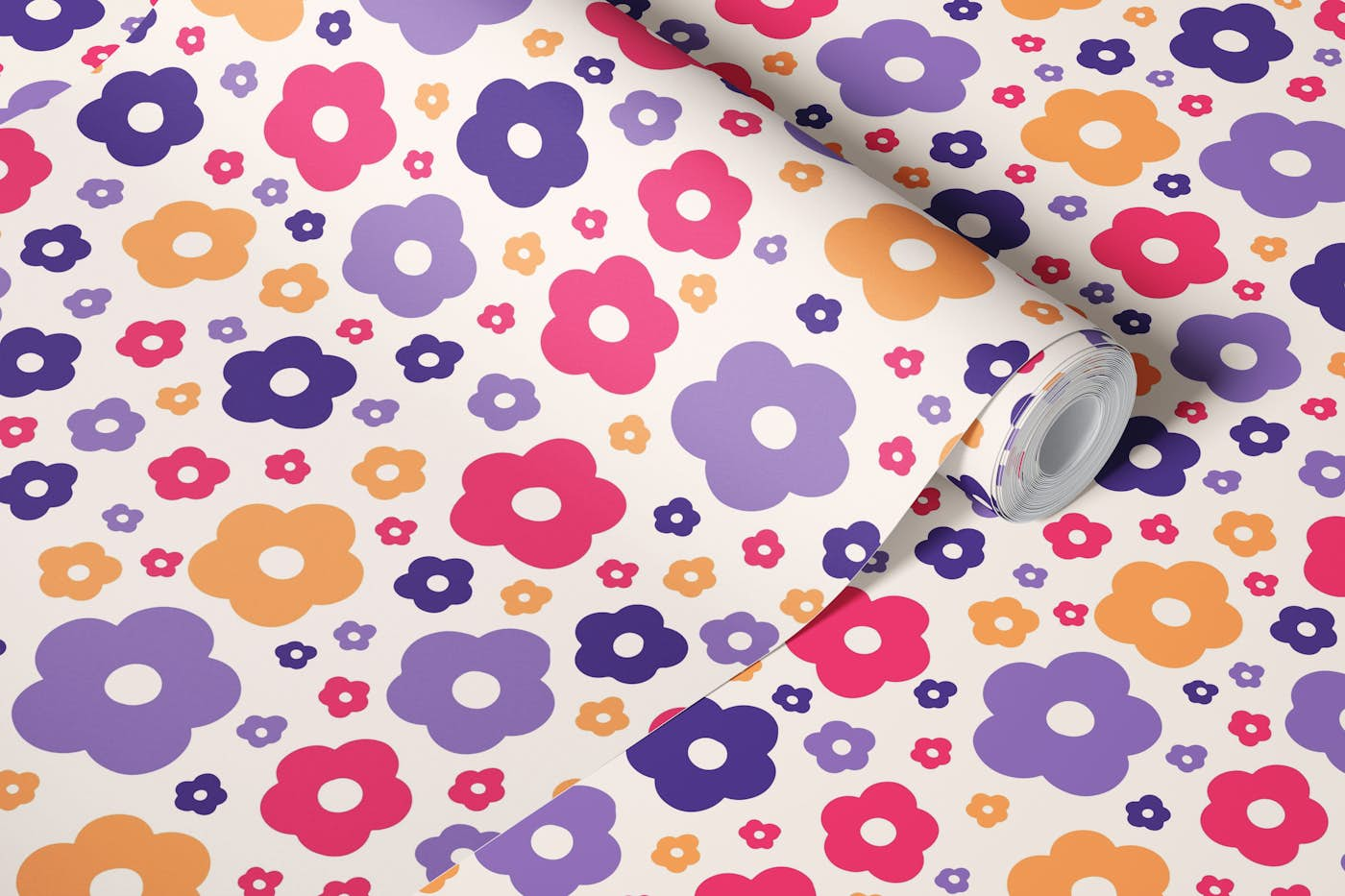 Fun Daisies in purple, magenta, orange wallpaper roll